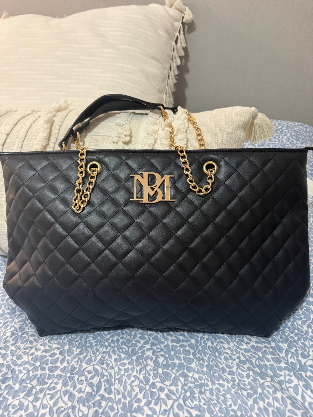 Badgley Mischka Black Quilted Tote with Gold Chain Trim